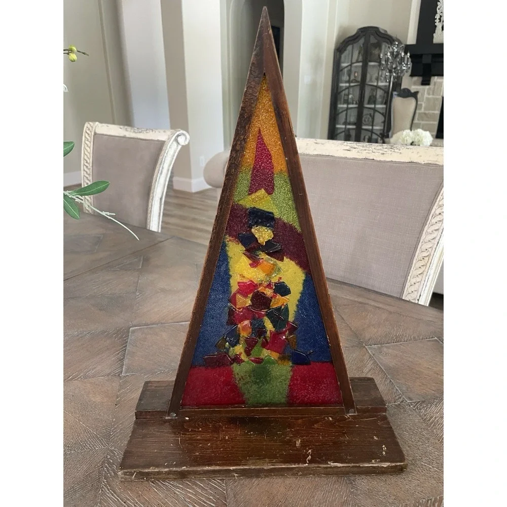 Vtg Mid Century Modern Pyramid Stained Glass Lucite Christmas Tree Lamp MCM